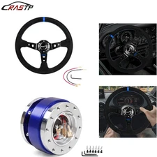 14"Suede Leather Deep Dish 93mm Drifting Racing Steering Wheel+Quick Release Kit