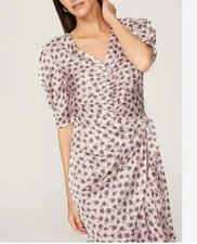 Maje Palm Tree Faux Wrap Dress Mini Ruffle Pink Size 36 Small Faux Wrap Satin