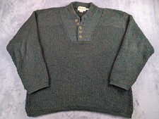 Vintage Eddie Bauer Sweater Men's Large Green Cotton Ribbed Henley Knit 1990s