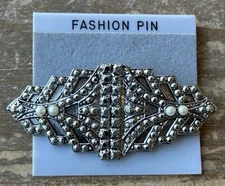 NOS Vintage 1980s Art Deco Style Silver Tone Faux Pearls 2.5” Fashion Brooch