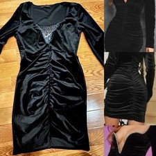 THE VINTAGE SHOP 90s ruched velvet beaded/embellishment deep v neck bodycon L