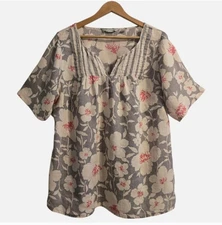 Avenue Tunic Top Women's 18/20 Gray White S-Sleeve Light Linen Floral Pintucked