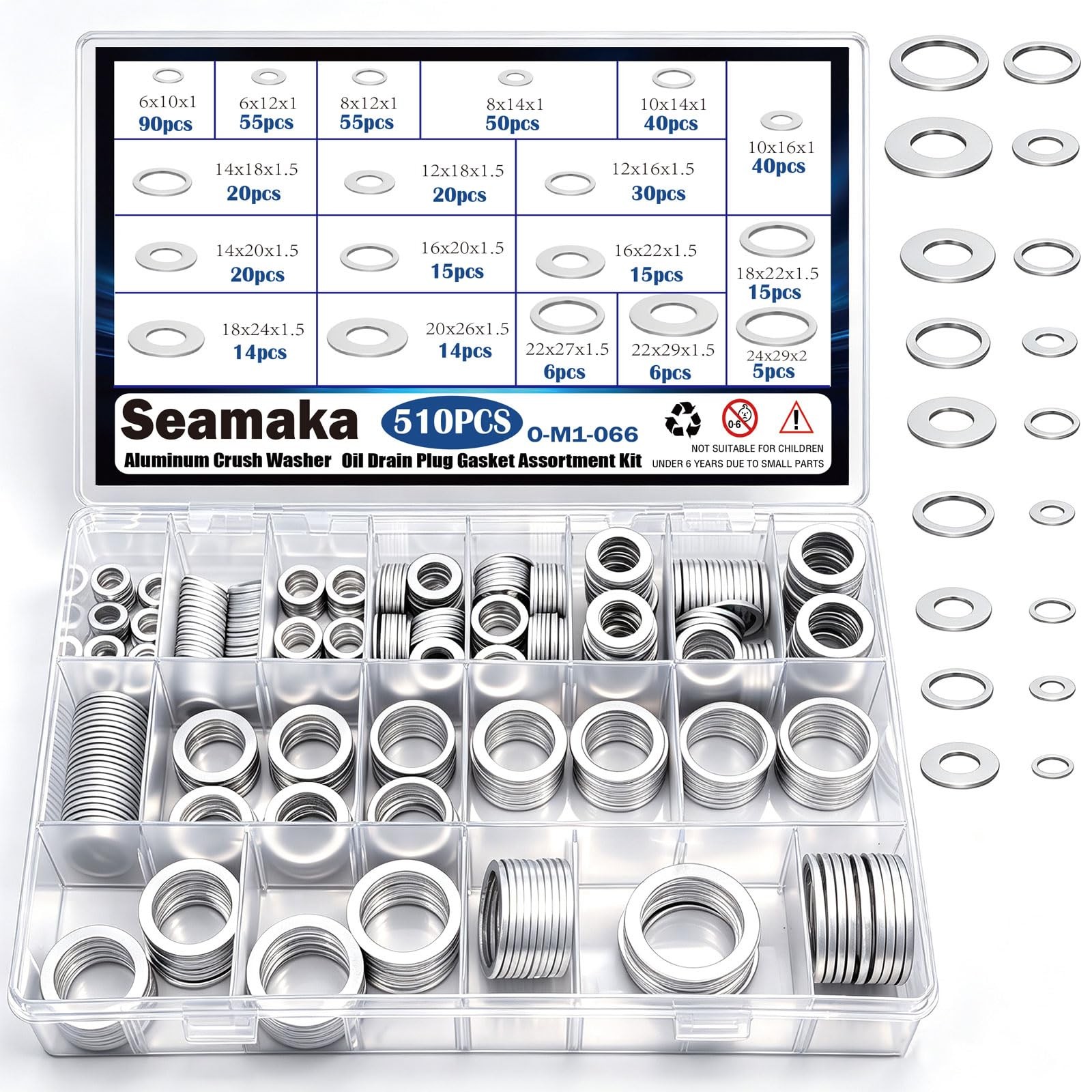 580PCS Oil Crush Washer Assortment Kit for Automotive Drain Plugs, 18 Sizes