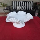 Vintage Fenton Hobnail Milk Glass Crimped Ruffle Bowl