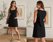 NWT Banana Republic Linen Blend Shift Dress L Black Button Front Pockets 34”