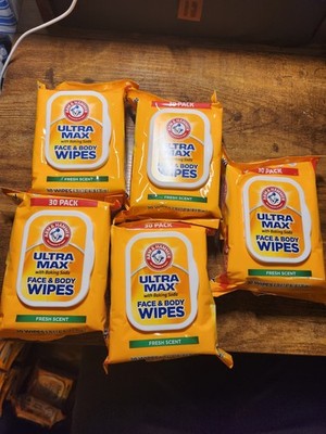 Arm & Hammer Ultra Max Face & Body Wipes Fresh Scented 30 Wipes. 5 Packs.