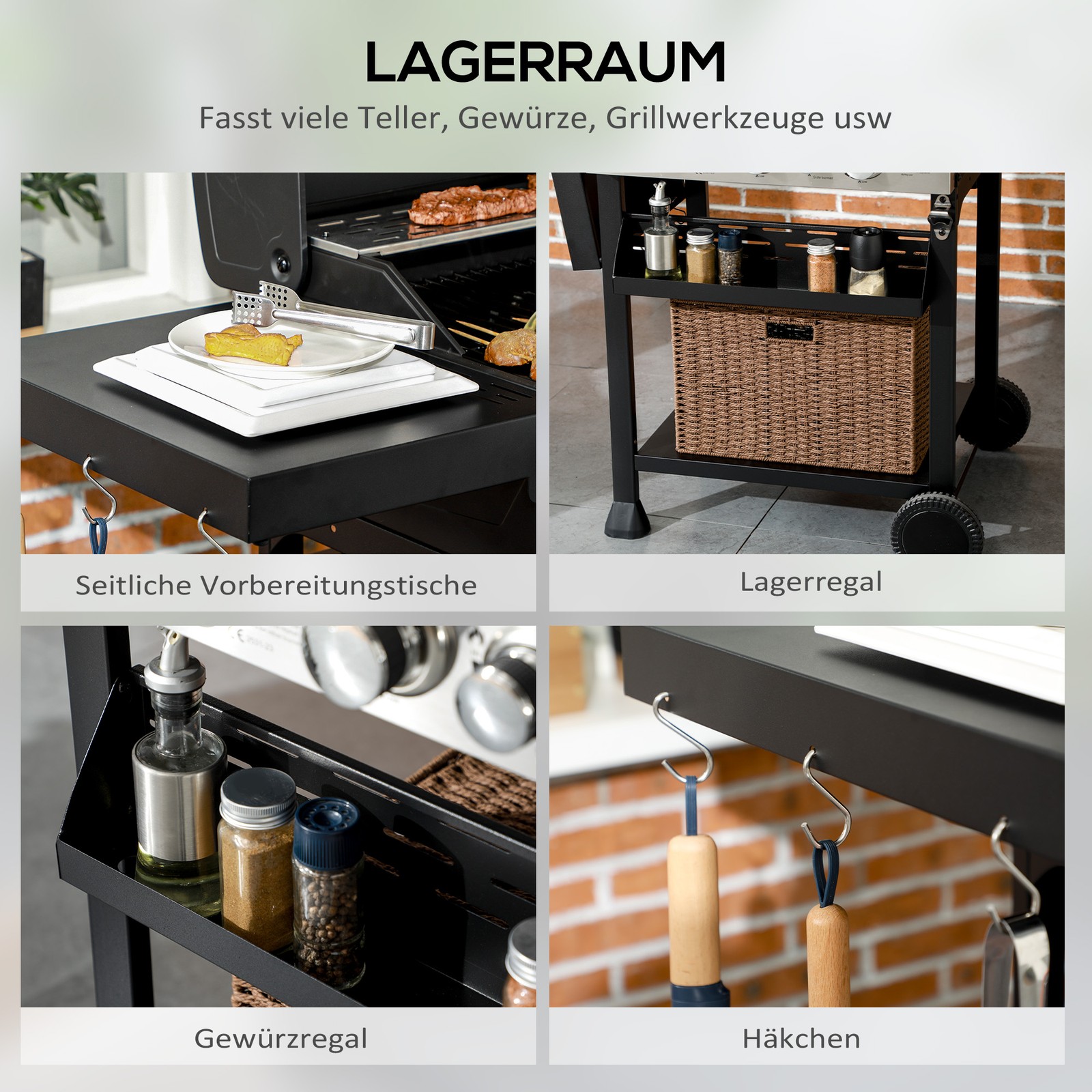Outsunny Gasgrill 3 KW 3+1 Brenner BBQ Grillwagen aus Edelstahl Seitenbrenner