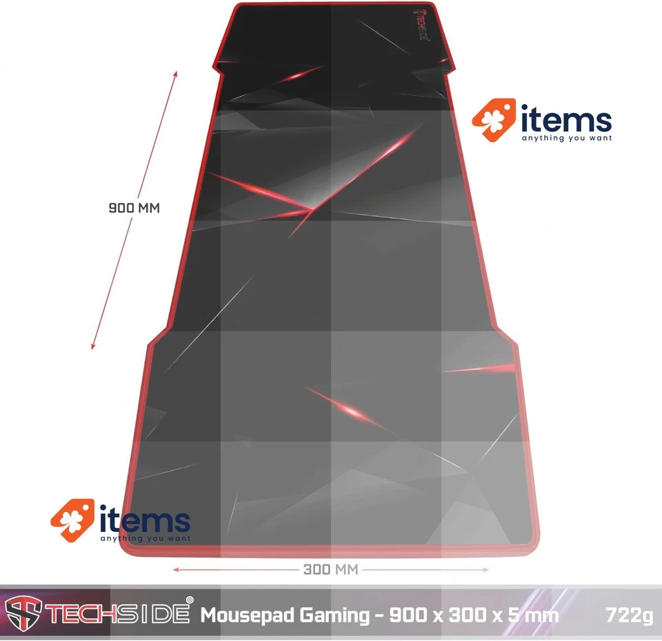 TechSide per Giochi Tappetino Speciale Forma XL Nero/Rosso 900X300X5mm Mouse - Immagine 2 di 4