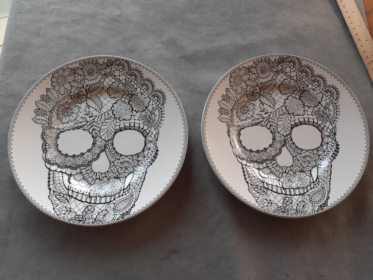 222 Fifth SKULL LACE HALLOWEEN 3/4” Salad Plates S7et of