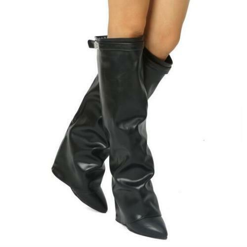 Knee-High Wedge Boot in Leather - Black - Gifts for Her