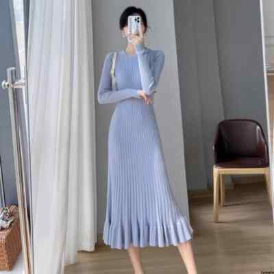Slim Solid Long Sleeve Knitted Dress Women Sweater Elegant Long Dresses |  eBay
