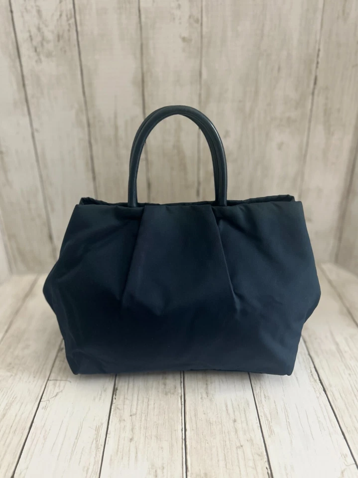 PRADA AZUL TESSUTO NAILON Cuero Borde Arco Expandible TOTE # 165 ¡Auténtico Usado en Excelente Condición! Foto 4 de 4