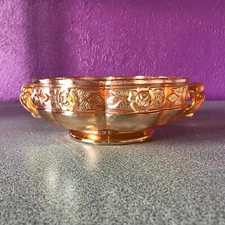 Jeannette Aztec Rose Carnival Glass Candy Dish 2 Handled Scalloped Edge Marigold