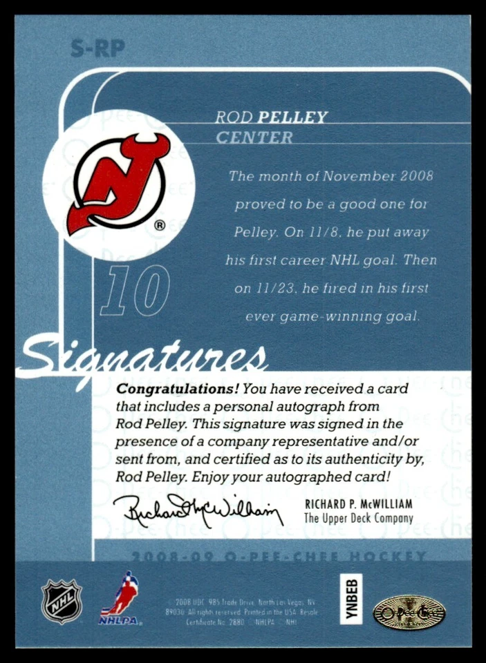 2008-09 O-Pee-Chee Signatures Rod Pelley Auto New Jersey Devils #S-RP - Image 2 of 2