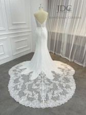 Crepe Plunging Lace Wedding Dress Bridal Gown Custom made Cut-out-train Ivory
