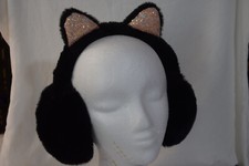 Furry Winter Headband Earmuffs, Black w/ Sequined Cat Ears.