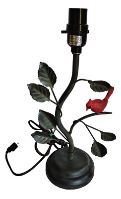 Table Lamp of Cardinal Bird Perched On Green Metal Leaf Vine No Shade Unique