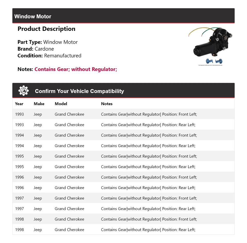 Jeep Grand Cherokee 1993-1998 ventana motor cardone 1994 1995 1996 1997 Foto 2 de 4