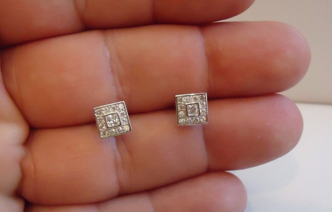 925 STERLING SILVER MICRO PAVE SQ STUD EARRINGS W/.60 CT ACCENTS/ 7MM BY 7MM