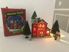 Christmas village Fire House with Light Cord & Evergreen Trees and a man & woman