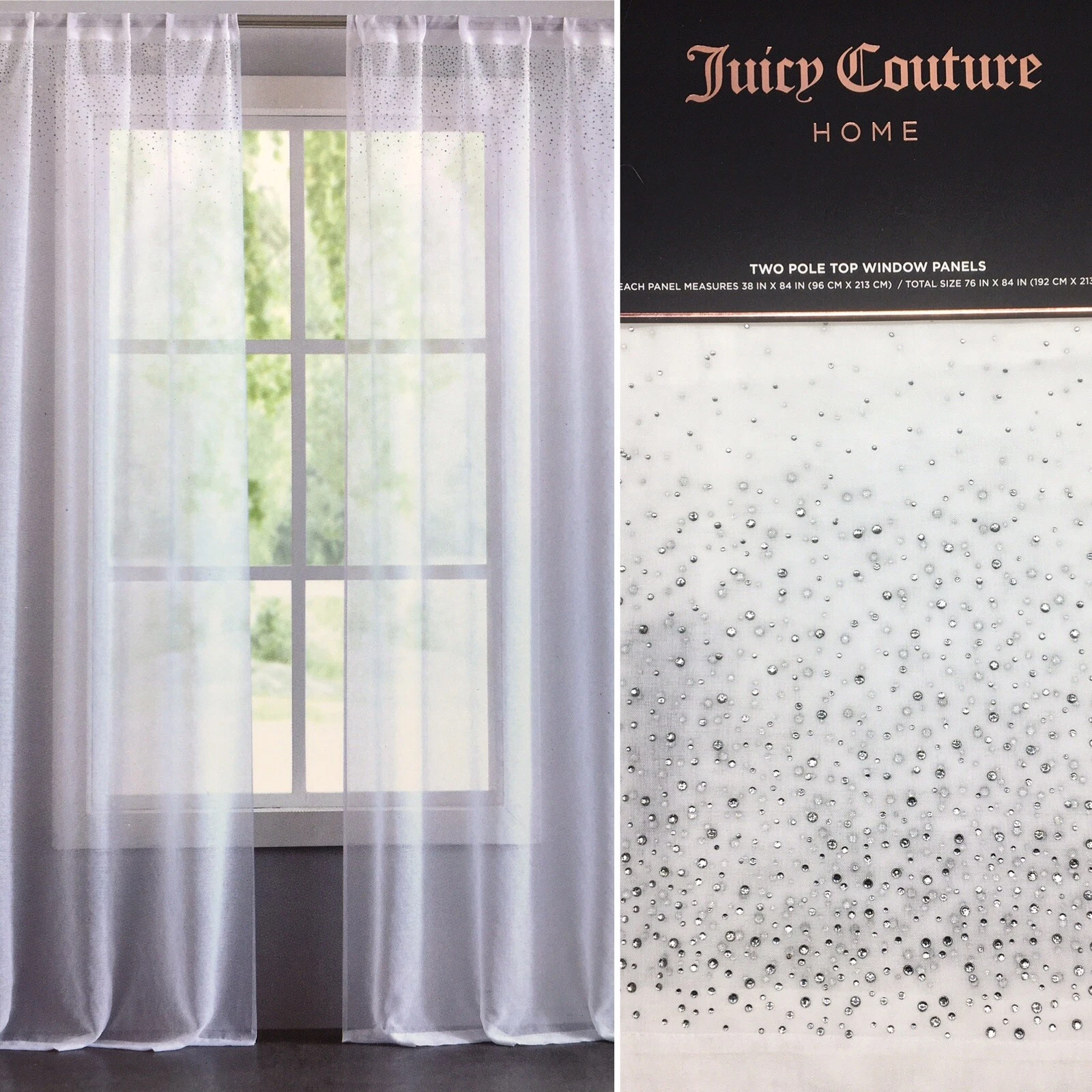 4 Juicy Couture Rhinestone White Sheer Rod Pocket Window Panels Curtain 76x84