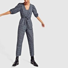 LA VIE REBECCA TAYLOR Navy Blue Floral Print Poplin Puff Sleeve Pant Jumpsuit S