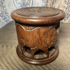 VTG Ebony Wood Coaster Set 6 Lidded Holder African Safari Animals Hand Carved