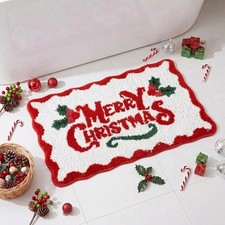 Merry Christmas Scalloped Bath Mat Red Non Slip 16 x 24 Inch