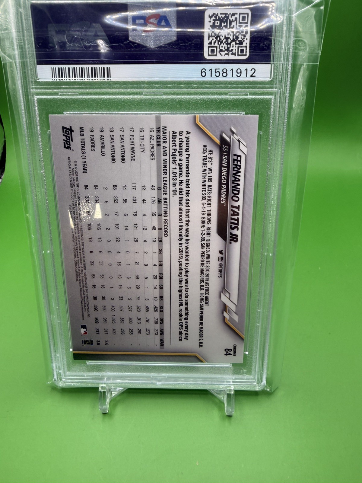 2020 Topps Chrome FERNANDO TATIS JR Baseball Card PSA 10 GEM MINT view 2