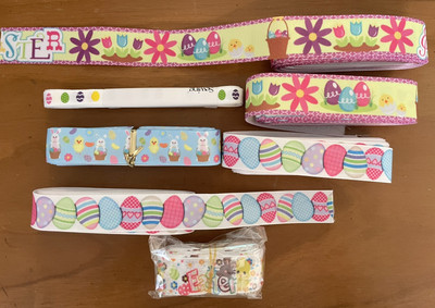 7 Rolls Of  Ribbons Grosgrain Easter Lot Bunnies Eggs Fun Crafts Hair Bows