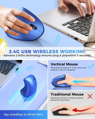Lekvey Ergonomic Mouse, Vertical Wireless Mouse Rechargeable 2.4G USB Blue - Afbeelding 3 van 7