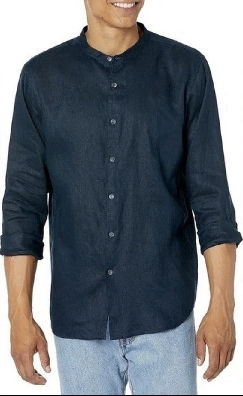 Theory Irving Relaxed 100% Linen Navy Button Down Band Collar Shirt Sz L