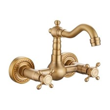 Wall Mounted Kitchen Bathroom Sink Faucet With Double Cross Antique Brass