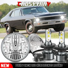 Pair Fit Chevrolet Nova 1969-1979 7''Round LED Headlight Hi-Lo Lamp DOT Approved
