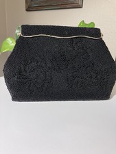Black Beaded Evening Bag Purse Gold Tone Frame Floral Pattern Vintage Style