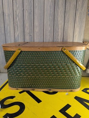 Vintage 1960 s Picnic Basket  Woven Metal Handles Wood Top 12x18