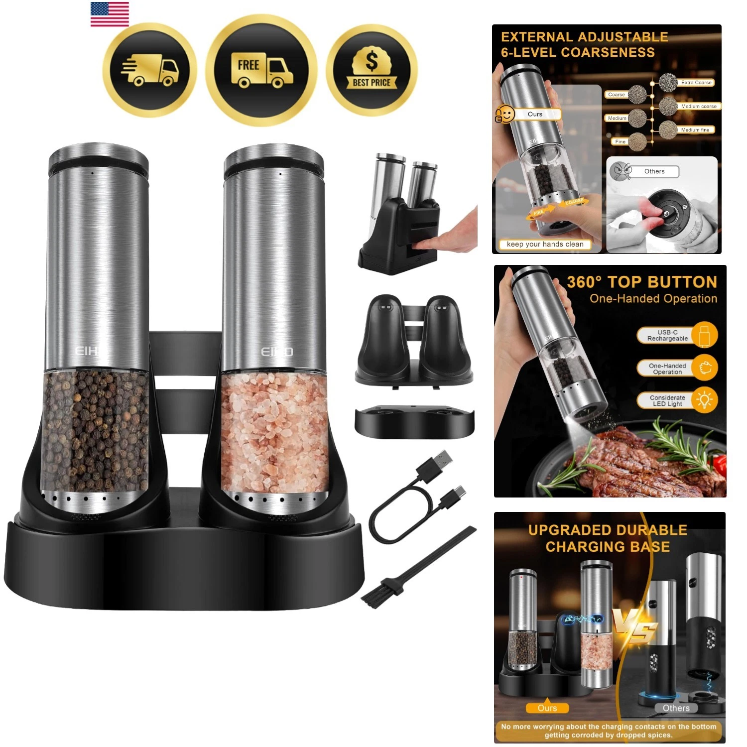 Electric Salt and Pepper Grinder Set USB Rechargeable, Upgraded External Adju...