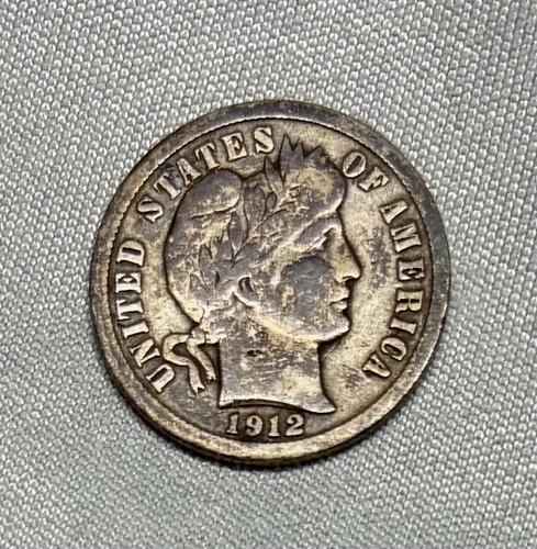 1912 Silver Barber Dime, VG+ Condition, Dark Obverse Appearance