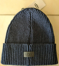NWT UGG Mens Wide Cuff Rib Logo Hat Beanie, Navy Blue
