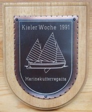 Kieler Woche 1991 - Marinekutterregatta Wappenschild 12 x 9,5 cm Kupfer auf Holz