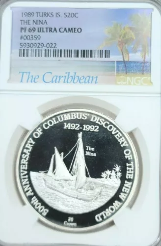 1989 TURKS & CAICOS SILVER 20 CROWNS THE NINA NGC PF 69 ULTRA CAMEO TOP POP !!!