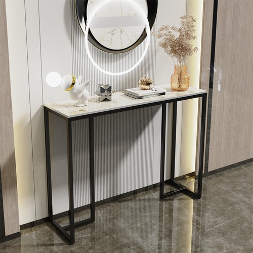 Black Console Table With White Marble Tabletop For Entryway Hallway Living Room - Picture 2 of 16