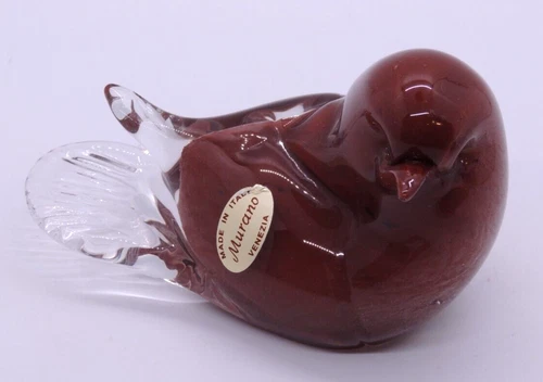 Murano Italy Venezia Art Glass Brown Bird Sparrow Love Paperweight Clear Vintage