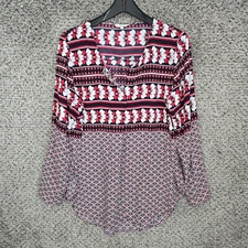 Crown & Ivy Top Womens Large Red Floral Print Split Neck Blouse Casual Ladies