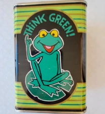 Vintage J.S.N.Y. Think Green Frog Tin Metal Coin Bank Made in Taiwan