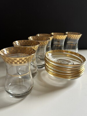 MCM Turkish PASABAHCE Tea Glass Saucer Set of 6 Gold 24k Checkered Vintage