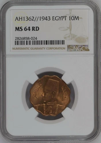 EGYPT , 10 MILLIEMES KING FAROUK 1943 - NGC MS 64 RD - FULLY RED , RAREN
