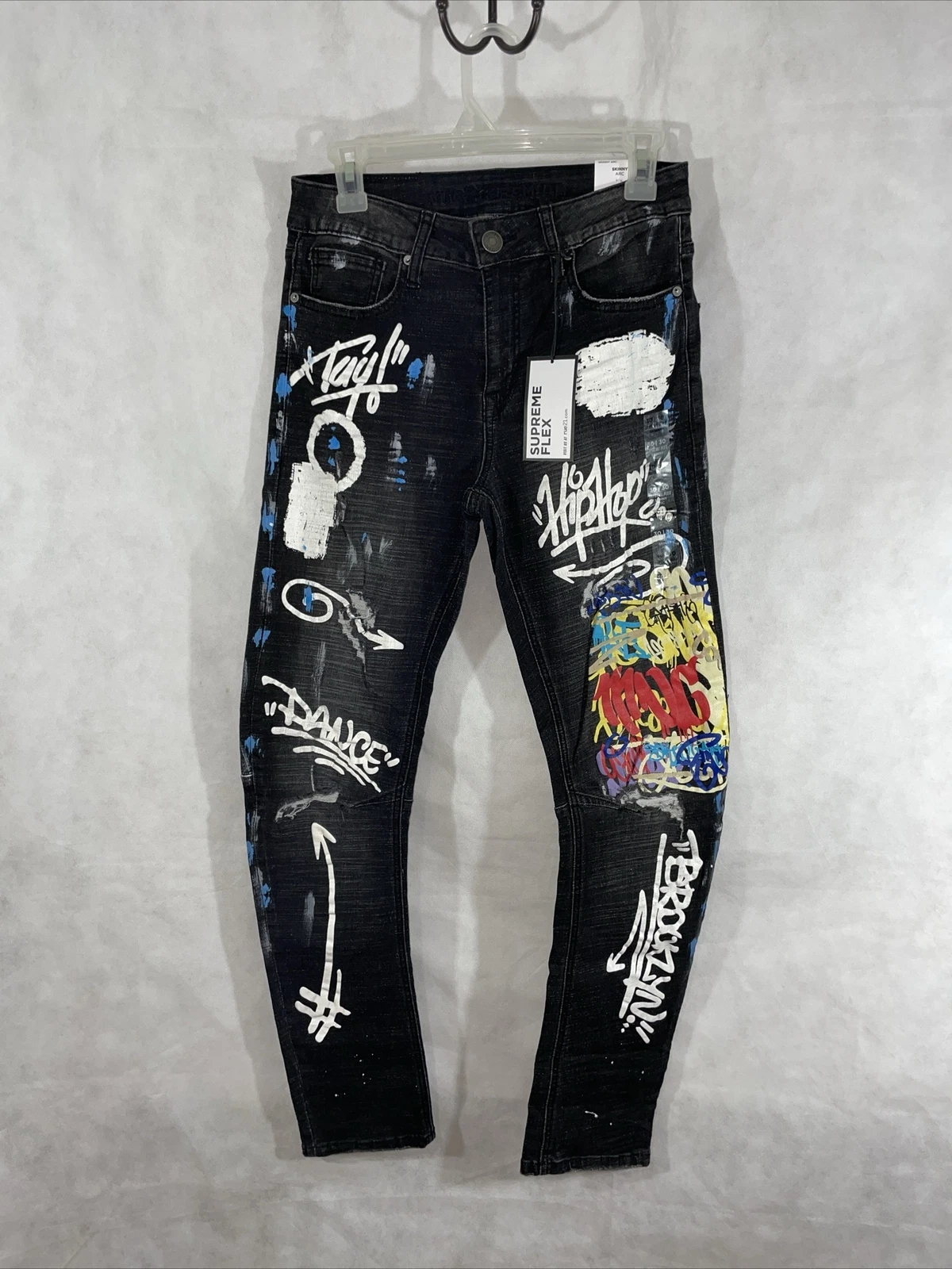 Jean Rue 21 Supreme Flex noir skinny arc peinture graffiti taille 34 x 32