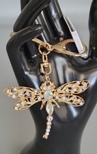 NWT Gold Tone Aurora Borealis Rhinestone Dragonfly Keychain Giant Lobster Clasp