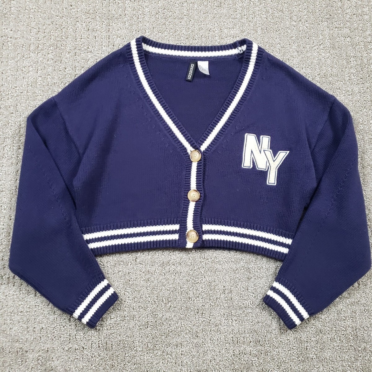 H&M Divided Sweater Womens Small Navy Blue Cardigan Cropped V-neck NY  Varsity